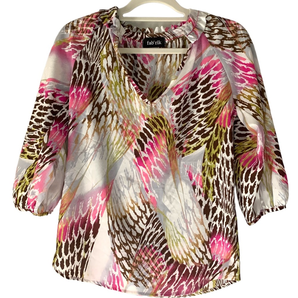 Pink Animal Print Frills Top Shirt V-neck fab’rik size small Shiny Brown Gold